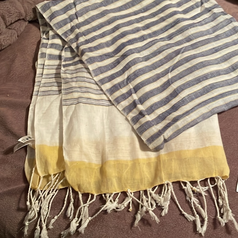 Nevada white, blue and yellow fringed scarf/wrap made from 100% cotton